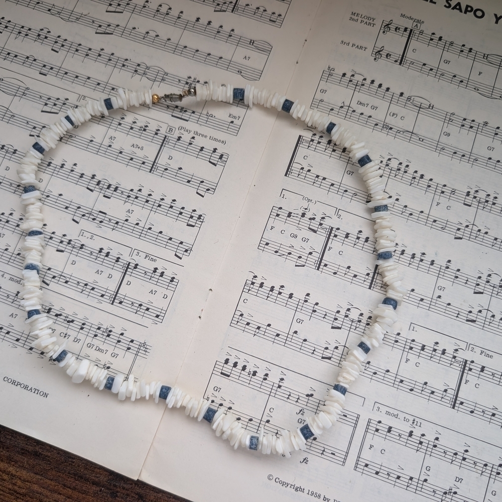 Vintage White and Blue Beaded Necklace
